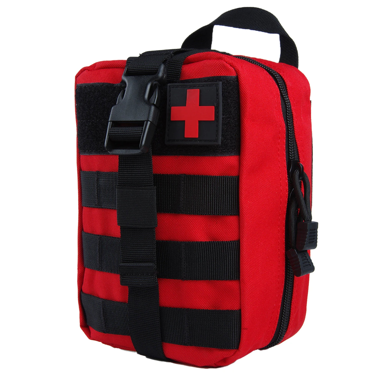 Red and black waterproof tactical waist pack first aid kit bag with a red cross emblem