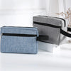 Gray and blue fabric cosmetic bags with black trim displayed on a white surface.