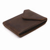 A dark brown genuine cowhide leather wallet folded and displayed on a white background.