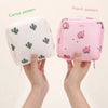 Two square pouches, one cactus pattern in white and one peach pattern in pink, being held by hands.