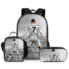 A set of three football player themed backpacks featuring Cristiano Ronaldo in a soccer uniform.