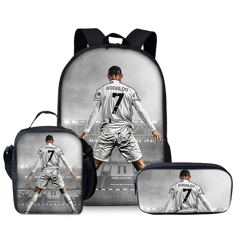 A set of three football player themed backpacks featuring Cristiano Ronaldo in a soccer uniform.
