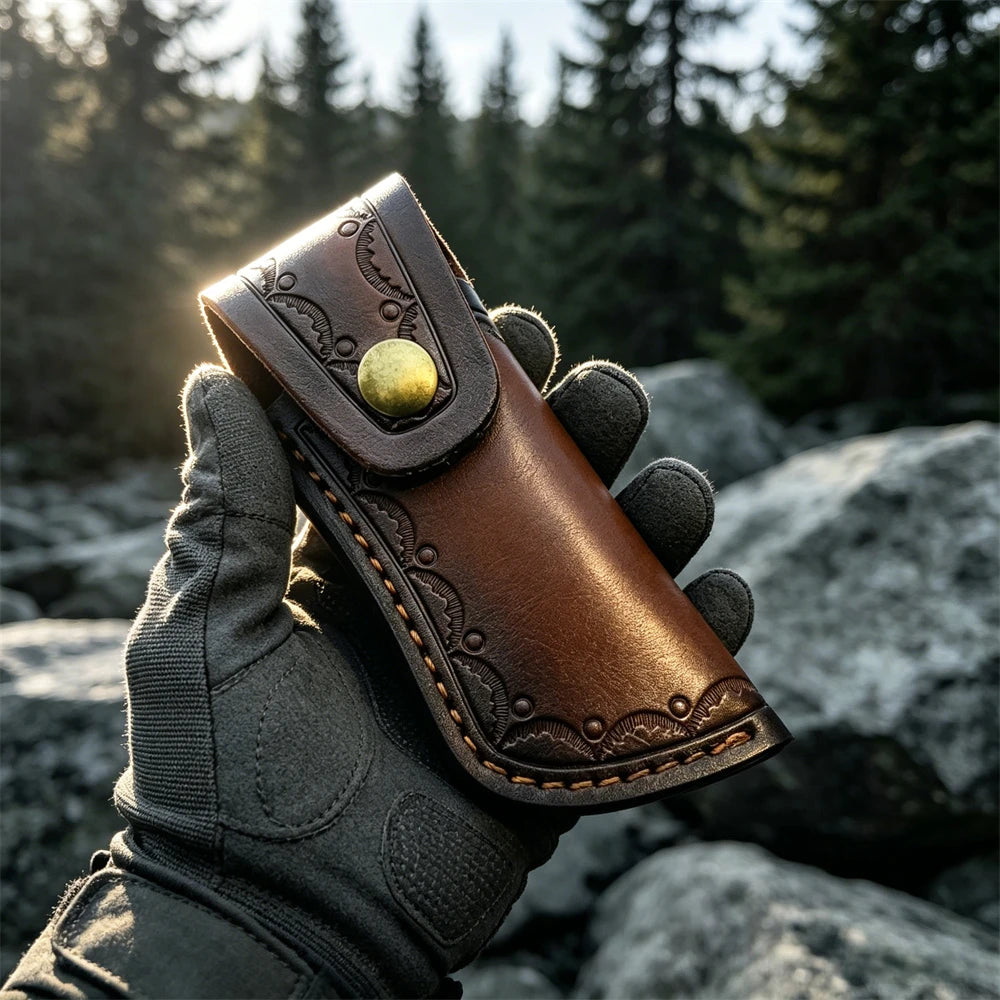 A hand holds a brown leather knife sheath with a brass belt loop against a backdrop of rocks and forest.