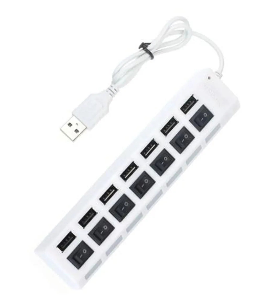 A white 7-port USB splitter hub with individual on/off switches and a detachable cable.
