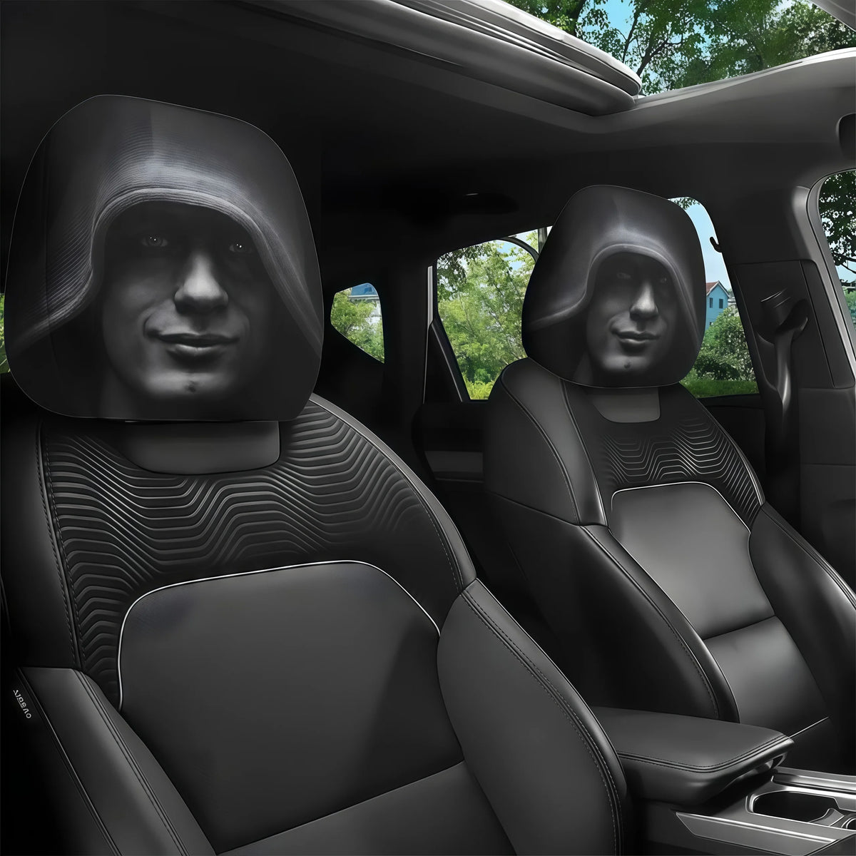 Black leopard print headrest covers installed on the front seats of a vehicle.