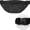 Black men's adjustable waist bag with a black 4-zip belt shown from the top and a close-up view.