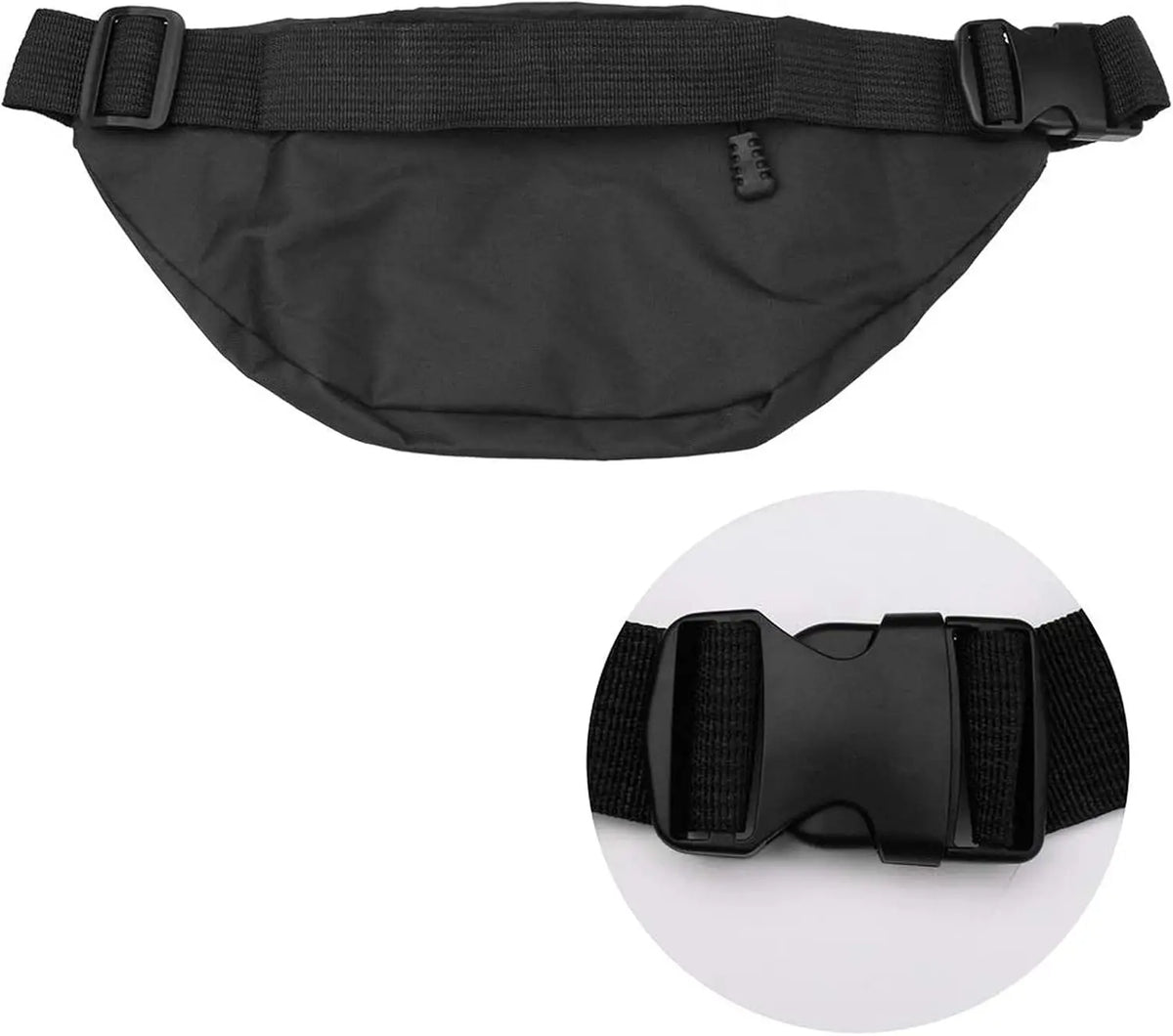 Black men's adjustable waist bag with a black 4-zip belt shown from the top and a close-up view.