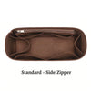 A brown felt tote bag organizer insert with a side zipper and multi-pocket divider.