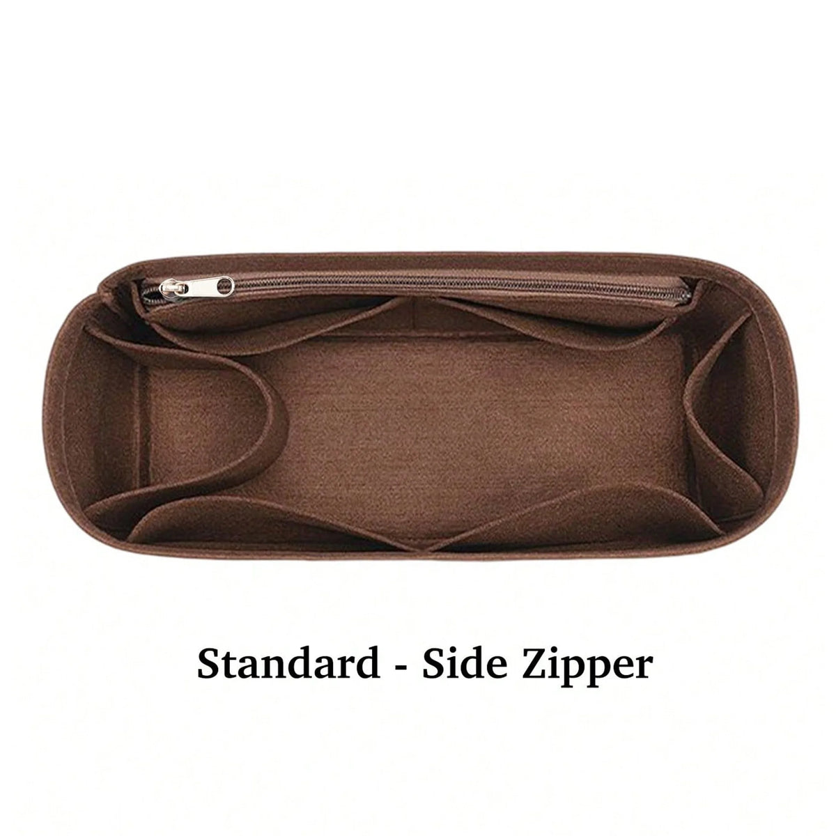 A brown felt tote bag organizer insert with a side zipper and multi-pocket divider.