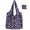Navy blue and red patterned reusable nylon tote bag with a small fish design