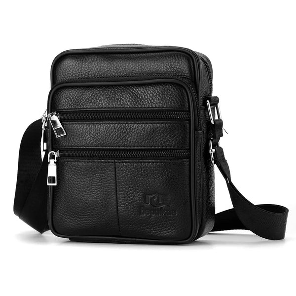 Black men's vintage leather messenger bag with adjustable strap and zipper details.