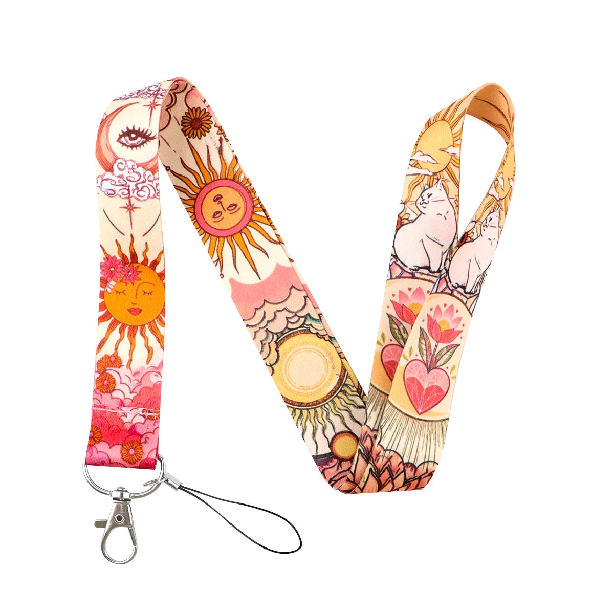 A colorful lanyard featuring a repeating pattern of suns and floral designs on a pink background.