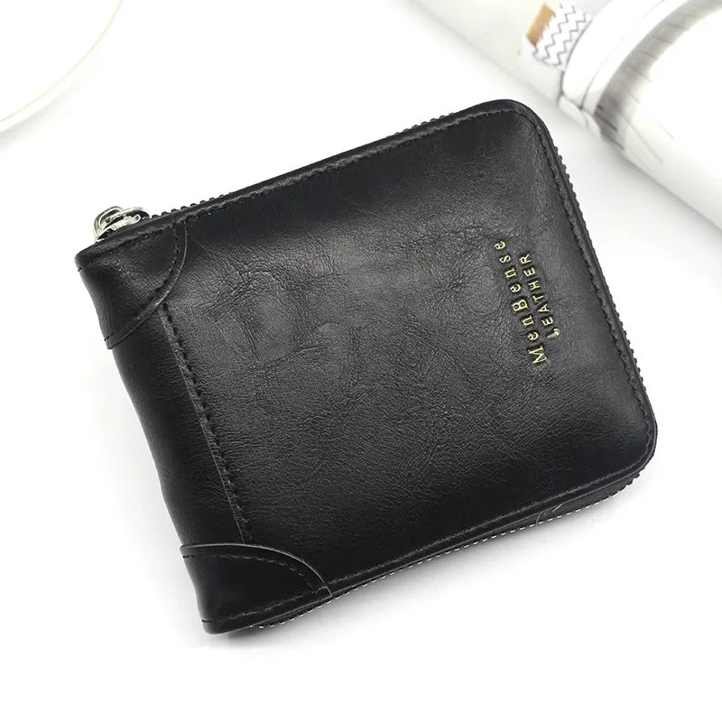 Black Mens vintage PU leather zipper card wallet shown from above