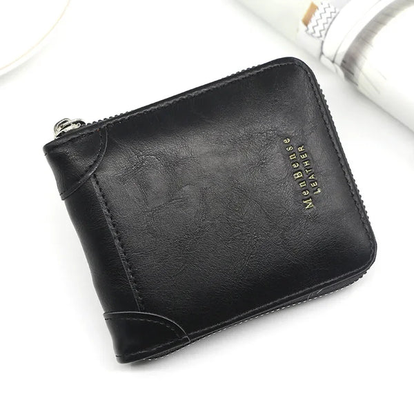 Black Mens vintage PU leather zipper card wallet shown from above