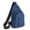 A dark blue water-resistant casual chest bag with a black strap and zippered pockets.