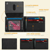 A black RFID protection wallet shown in various forms including a card holder and a minimalist trifold design.