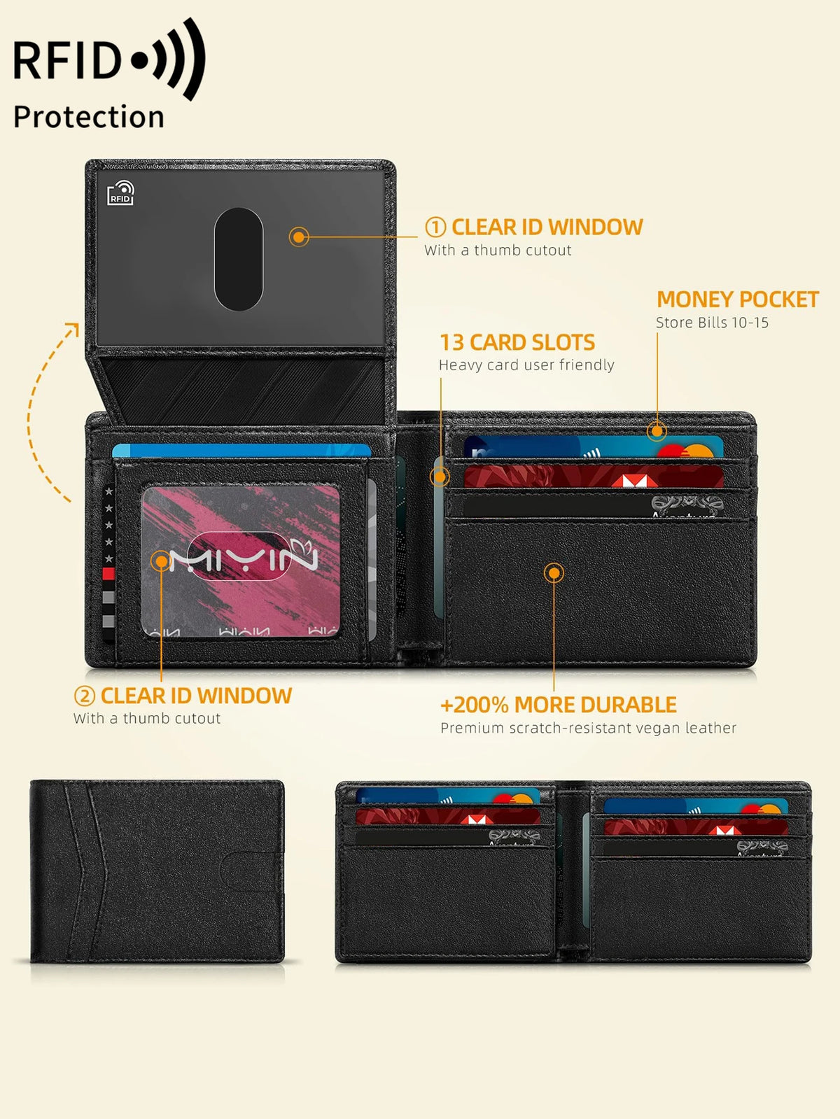 A black RFID protection wallet shown in various forms including a card holder and a minimalist trifold design.