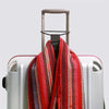 A red and striped scarf is draped over a silver suitcase with a brown strap visible.