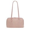 A light pink leopard print nylon shoulder tote bag with a long strap.