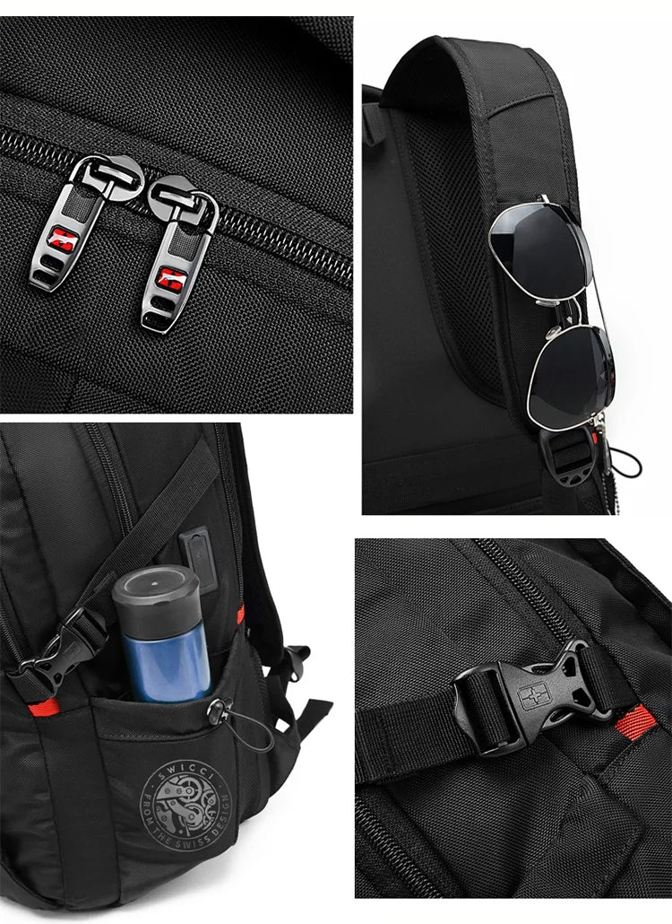 Gros plans d'un sac à dos d'ordinateur portable noir suisse anti-vol, montrant des fermetures éclair, des lunettes de soleil 