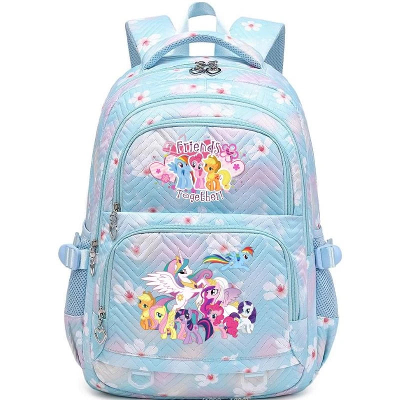 Light blue and pink patterned Oxford cloth school backpack with a backpack design