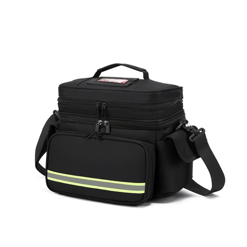 Black durable waterproof emergency trauma bag with a yellow reflective stripe on the front.