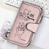 A pink women's long zipper handbag coin purse featuring a bear illustration and the text OH my money.