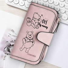 Pochette à fermeture éclair rose pour femme avec illustration d'ours et le texte OH my money.