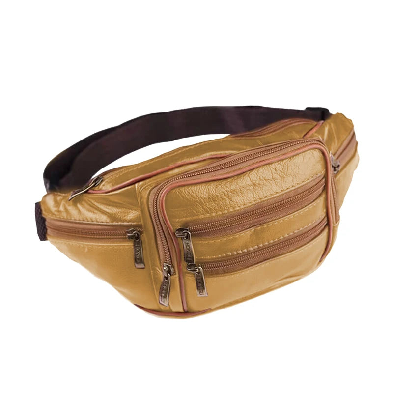 Sac à taille en cuir véritable beige pour homme avec une sangle marron foncé et des compartiments zippés.
