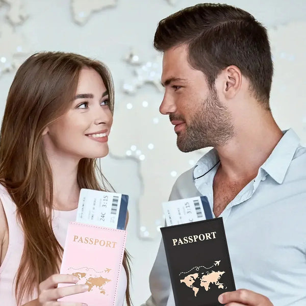 A woman and a man looking at a black passport holder cover in a light blue shirt.