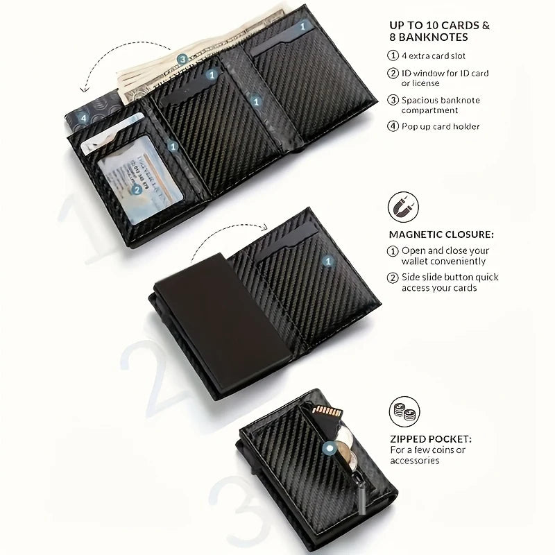 Schwarzes minimalistisches Pop-up-Kreditkarten-Wallet mit Karten- und Magnetverschluss.