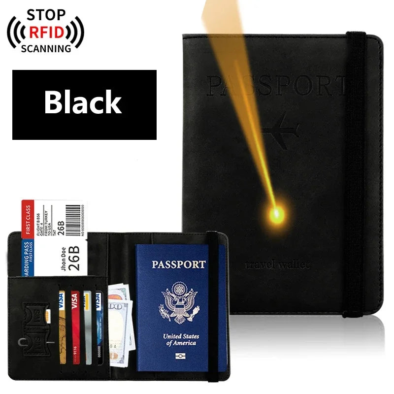 Black RFID blocking passport holder wallet with a glowing scanner beam