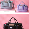 A light purple quilted travel duffel bag with a handle and side pockets shown in various colors.