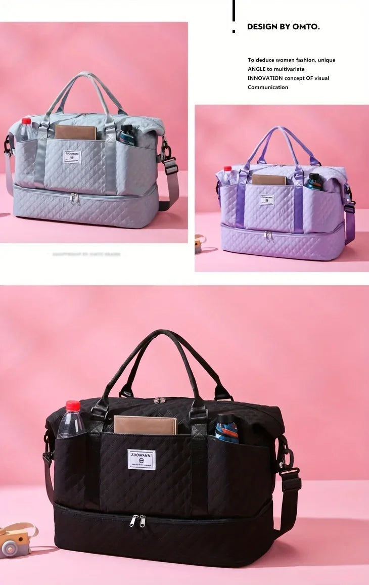 A light purple quilted travel duffel bag with a handle and side pockets shown in various colors.