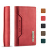 A pink leather trifold magnetic card holder wallet with various colored card slots.