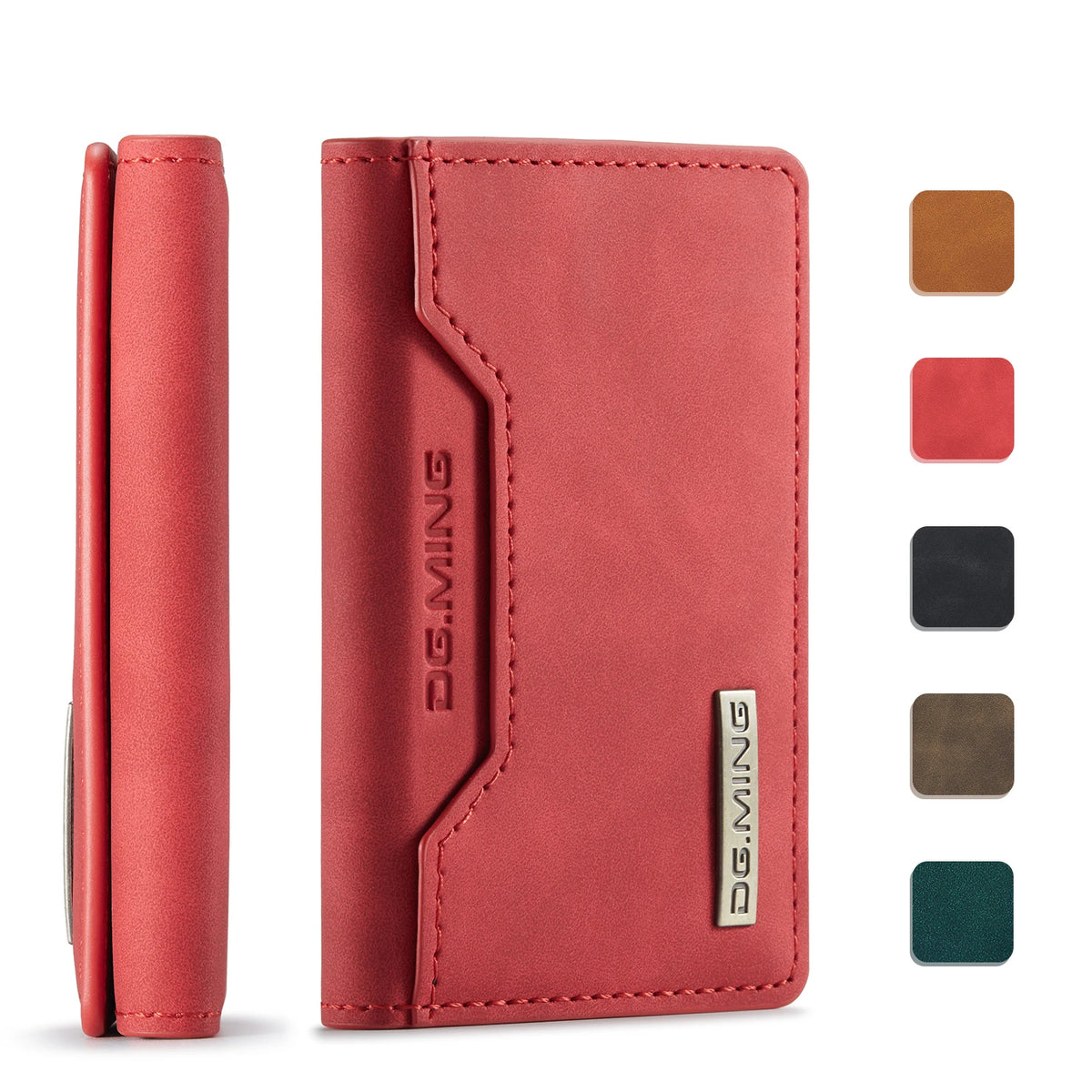 A pink leather trifold magnetic card holder wallet with various colored card slots.