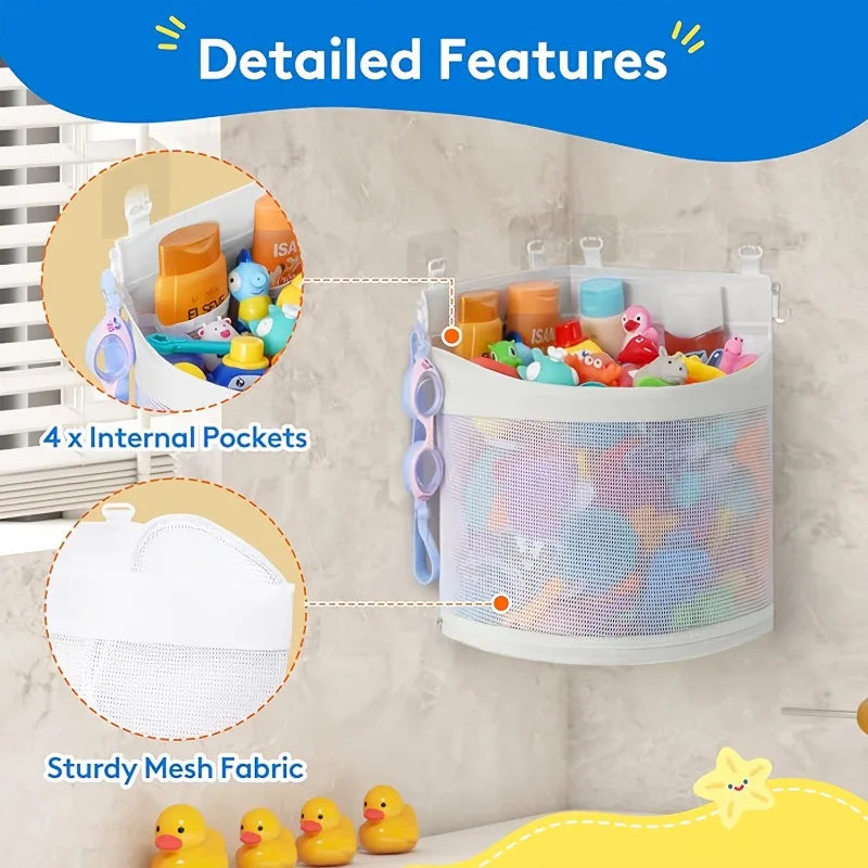 A white mesh storage caddy with four internal pockets filled with small toys and accessories