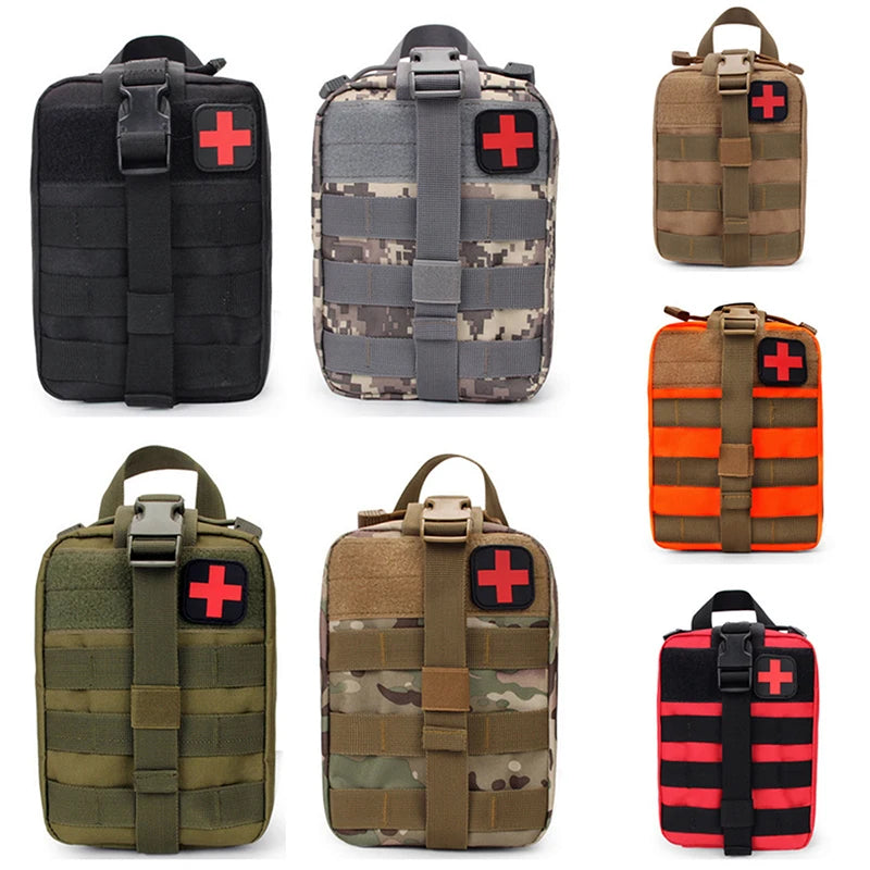A collection of tactical EDC first aid kits in various camouflage and solid colors.
