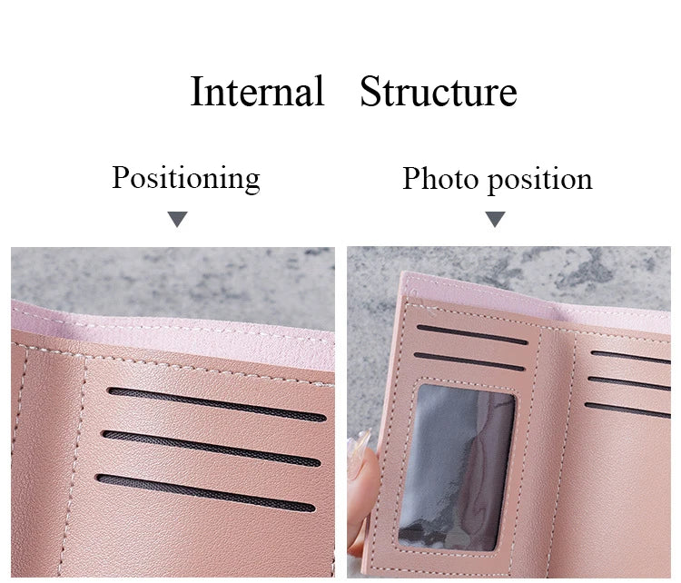 Close-up view of a pink leather card wallet showing internal structure and photo positioning features.