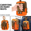 Orange tactical EDC waist pouch with carabiner included shown being carried on a hand