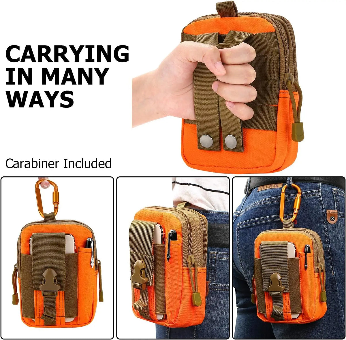 Orange tactical EDC waist pouch with carabiner included shown being carried on a hand