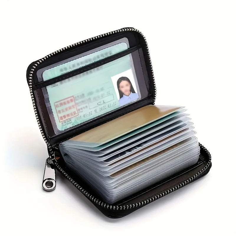 A black zipper card holder wallet is open, displaying a document and stacked paper cards.