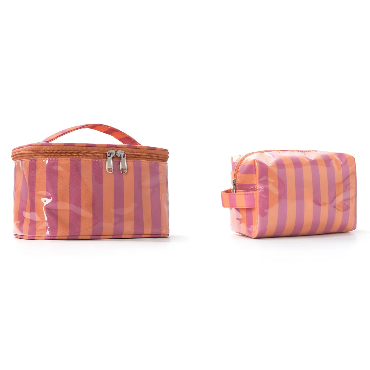 Bolsa de almacenamiento cosmético con rayas verticales naranja y morado.