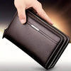 A hand is opening a dark brown leather long zipper wallet clutch for business and daily use.