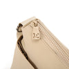 Close-up of a beige waterproof nylon crossbody bag showing the zipper and hardware.