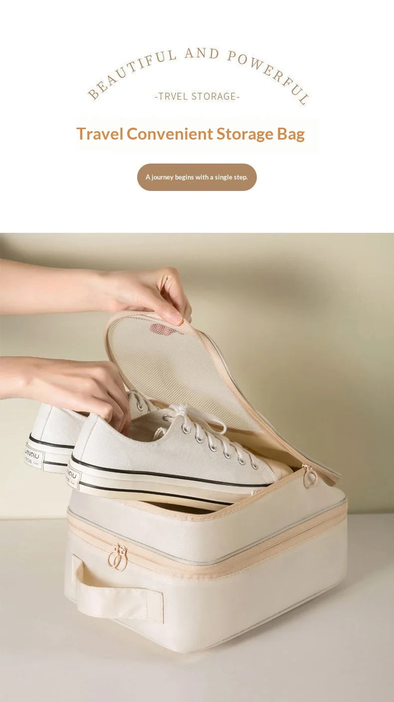 A beige portable luggage shoe organizer bag is shown open, revealing a pair of white sneakers inside.