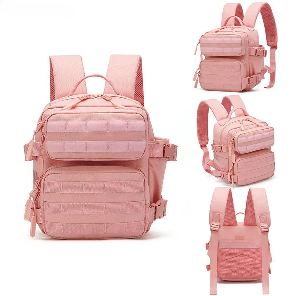 Pink tactical MOLLE backpack shown in multiple views for hiking and everyday carry