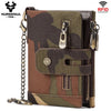 A brown camouflage wallet with leather accents and RFID blocking features.