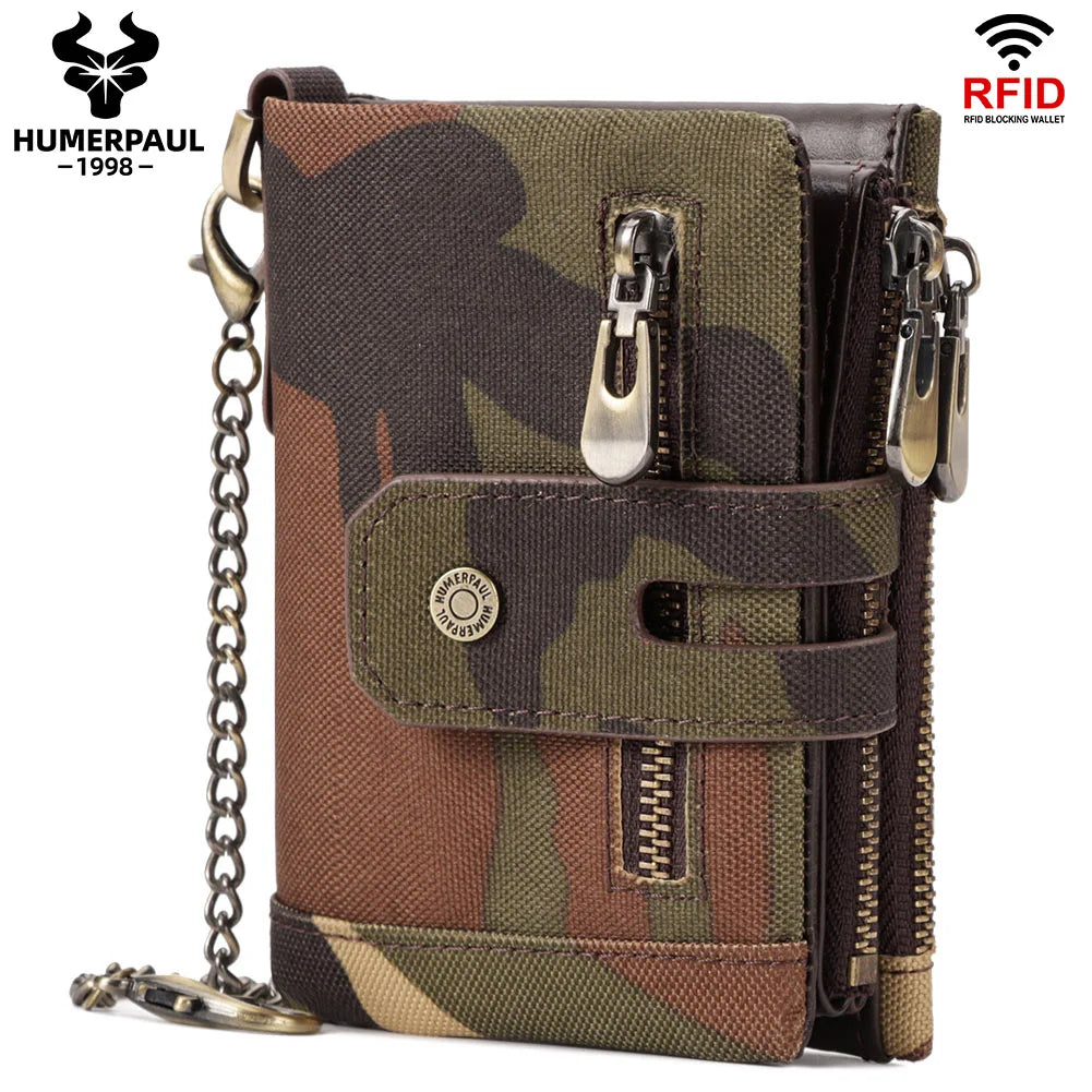 A brown camouflage wallet with leather accents and RFID blocking features.