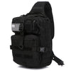 Black sling backpack with an American flag patch on the front